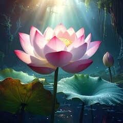 Radiant pink lotus blooms in serene pond, illuminated by sunlight filtering through the forest canopy