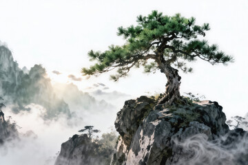 Fototapeta premium Pine Tree on Cliff with Misty Mountains