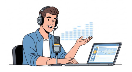 Man wearing headphones speaks into microphone at desk with laptop