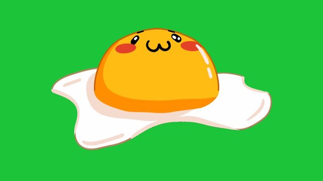 Cute smiling egg yolk character lying on egg white, funny cartoon food animation isolated on green screen background