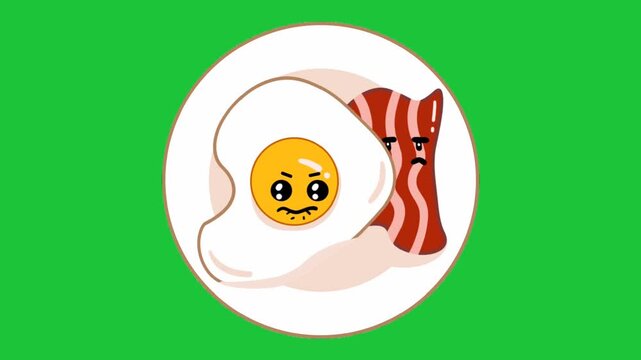 Funny cartoon fried egg and bacon with cute sad faces on plate isolated on green screen background animation loop