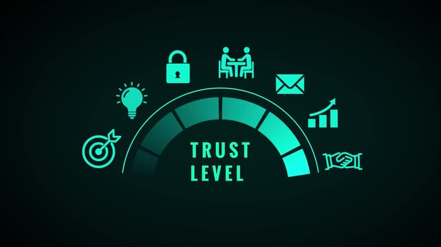 A teal colored gauge displaying trust level with representing goals lightbulb security partnership communication growth and handshake on a dark background Keywords: trust gauge meter indicator