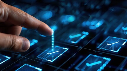 Fototapeta premium Finger Selecting Digital Checkmark on Futuristic Interface Displaying Data Trends and Analytics in Technology Environment