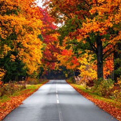 Road winds through woods with vibrant autumn foliage