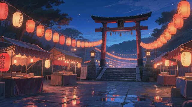 Traditional Japanese Shrine Festival at Night with Glowing Lanterns
