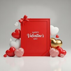 Elegant 3D rendered red frame with "Happy Valentine's Day" text and a ribbon, surrounded by glossy red, white, gold, and striped hearts.