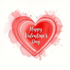Soft watercolor layered red hearts with "Happy Valentine's Day" text on a white background, creating a gentle and dreamy romantic illustration.