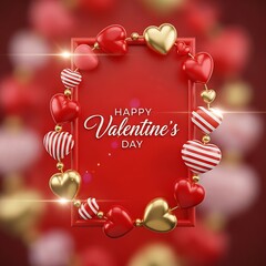 Decorative Red Frame Bordered by Assorted Red, Gold, and Striped Hearts with "Happy Valentine's Day" Text, Creating a Festive and Romantic Background for Greetings.