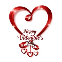Elegant red ribbon forming a heart shape with "Happy Valentine's Day" text and hanging small hearts, a shiny romantic vector illustration.
