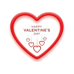 Clean modern red outline heart with "Happy Valentine's Day" text and minimalist hanging small hearts on a bright white background.