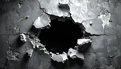 Black Hole in Cracked Concrete Wall with Debris.
