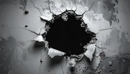 Black Hole in Cracked Concrete Wall with Debris.