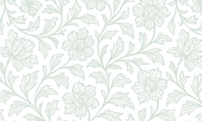 A classic cobalt blue floral outline pattern on a crisp white background inspired by vintage porcelain and toile de jouy style.