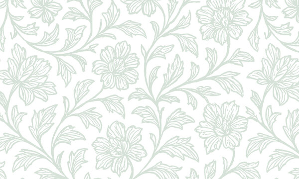 A classic cobalt blue floral outline pattern on a crisp white background inspired by vintage porcelain and toile de jouy style.