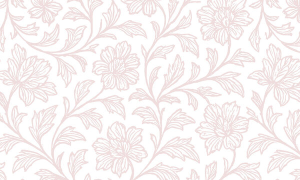 A classic cobalt blue floral outline pattern on a crisp white background inspired by vintage porcelain and toile de jouy style.