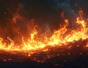 Roaring flames engulf dark, churning waves, with smoky clouds looming in a fiery abstract seascape scene