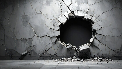 Black Hole in Cracked Concrete Wall with Debris.