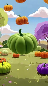 Colorful Cartoon Pumpkin Patch Landscape in Autumn.