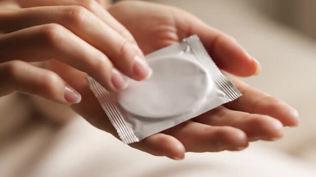 Holding Unopened Condom in Hands Close Up for Safety. Suitable for Sexual Health, Safe Sex, Education and Relationships Communication Resources.