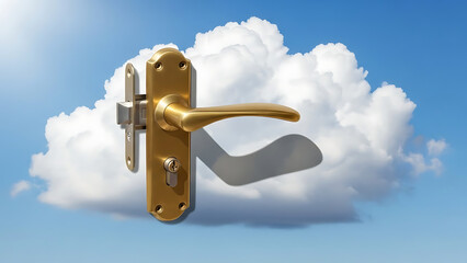 Naklejka premium Surreal concept illustration of a golden door handle and lock plate floating in a blue sky with white fluffy clouds symbolizing opportunities freedom and unlocking new dreams or possibilities