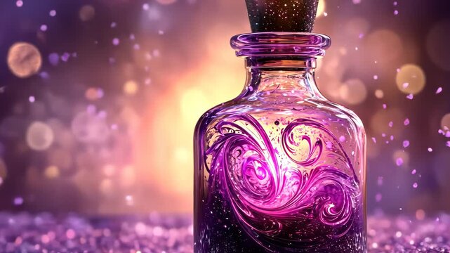 Glowing potion bottle with sparkling swirls under enchanting bokeh lights