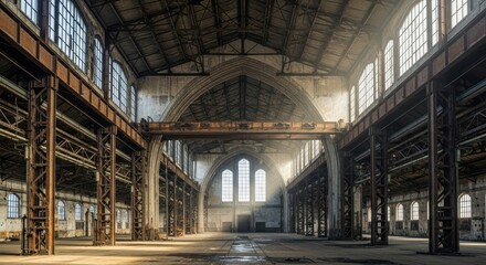 Industrial Cathedral: A Grand Interior View of a Vast Abandoned Factory Hall Architecture