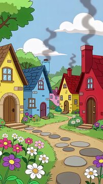 Colorful Cartoon Village Street With Bright Flowers And Pathway.