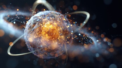 Visualization of an atom with orbiting particles and bright glowing elements in a dark background