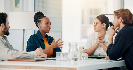 Meeting, collaboration and team of business people in office for finance report with budget...