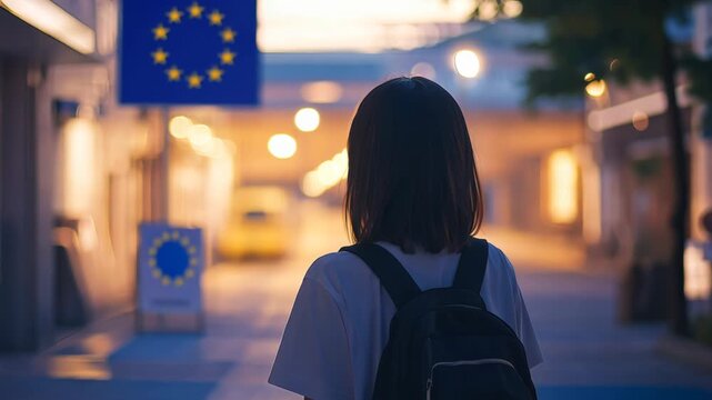 Young traveler walks through illuminated urban street with european union symbol at dusk