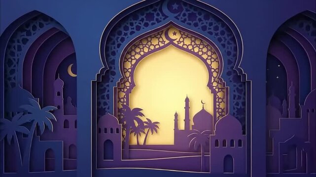 Digital paper cut art style layered tunnel book illustration of an arabian night village 4K Videos