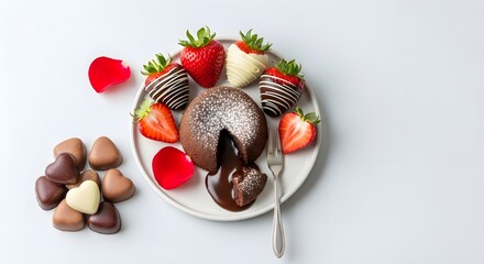 Delicious Chocolate Lava Cake with Fresh Strawberries and Heart-Shaped Chocolates.