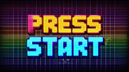 Colorful retro text that reads press start on a grid background with bright colors and a digital style