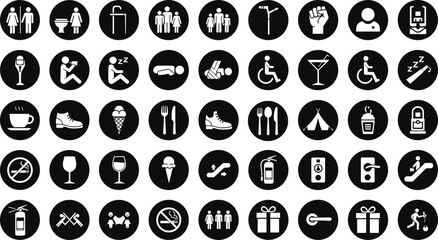 Large collection of black circular public information icons and wayfinding symbols covering restroom, food, and safety for hotel or airport signage vector illustration.