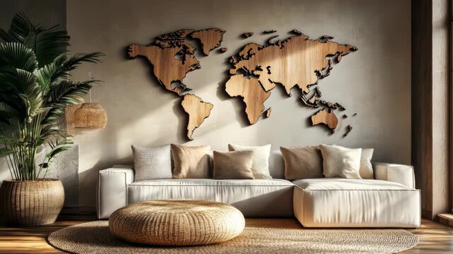 Elegant living room with wooden world map wall art and cozy decor elements