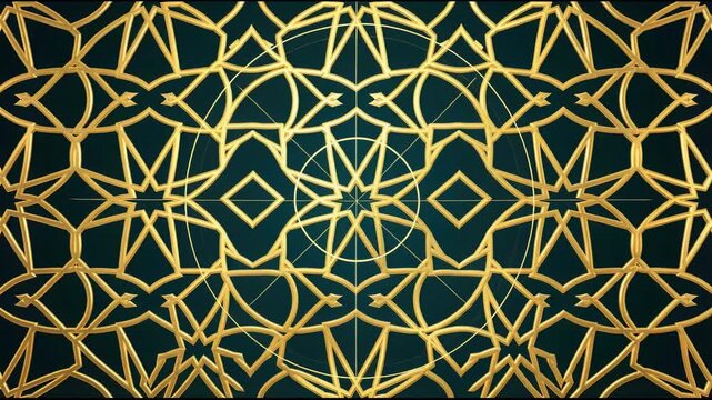 Intricate Golden Islamic Geometric Pattern Animation with Dark Teal Background Seamless Loop