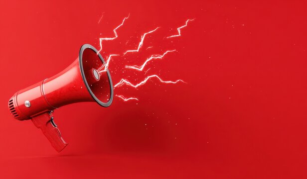 A red megaphone on a red background with white sound waves emanating from it