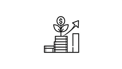Stacked coins, growing leaves, and upward arrow depict financial growth. Black outline on white. Minimalist style