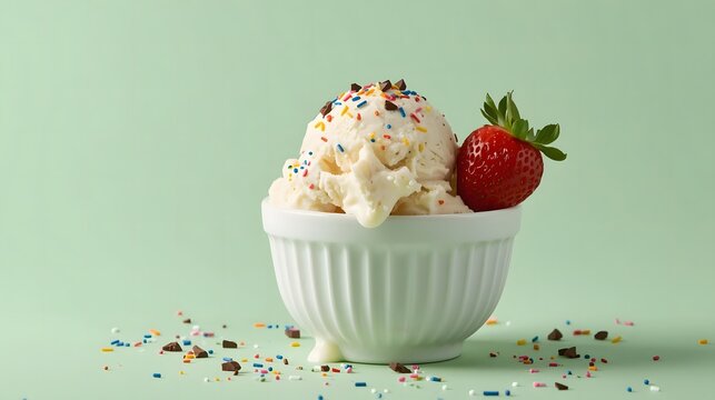One ice cream scoop with strawberry on a light green background