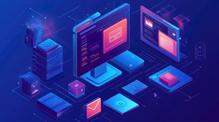 Fototapeta premium Isometric Computer System with Various Devices and UI Elements.