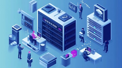 Obraz premium Isometric Data Center with Servers and Technicians.