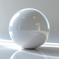 A highly reflective, polished white sphere casting sharp shadows on a clean, minimalist surface under bright studio lighting