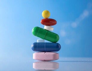 Stacked colorful pills and capsules against a blue gradient background creating a calming medical ambiance