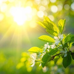 Radiant Spring Morning Unveiling Delicate White Blossoms Bathed in Golden Sunlight, Symbolizing Renewal and Fresh Beginnings in Nature's Embrace