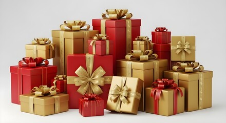 A festive collection of red and gold gift boxes, adorned with elegant bows, creating a joyful and celebratory display.