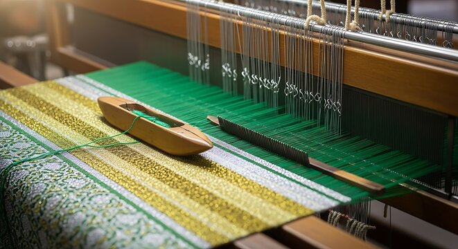 Traditional handloom weaving vibrant green and yellow fabric, a close-up revealing intricate artistry and the enduring heritage of textile craftsmanship