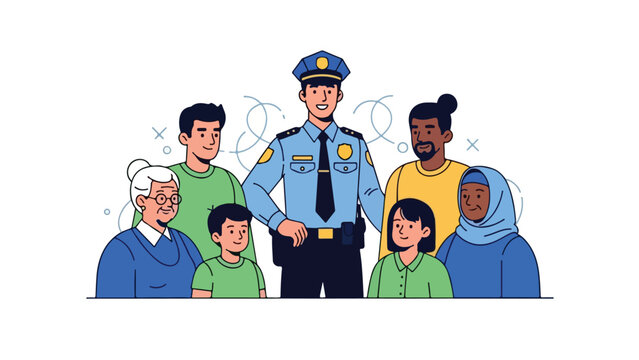 Illustration of a police officer standing with a diverse group of people against a clean white background with a sense of community and safety.