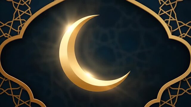 Golden Crescent Moon with Intricate Islamic Patterns on a Dark Blue Background
