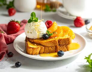 Stacked french toast topped with fruit and ice cream, drizzled with honey on a marble surface