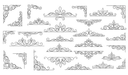Vintage filigree decorative corner and divider vector set isolated on transparent background